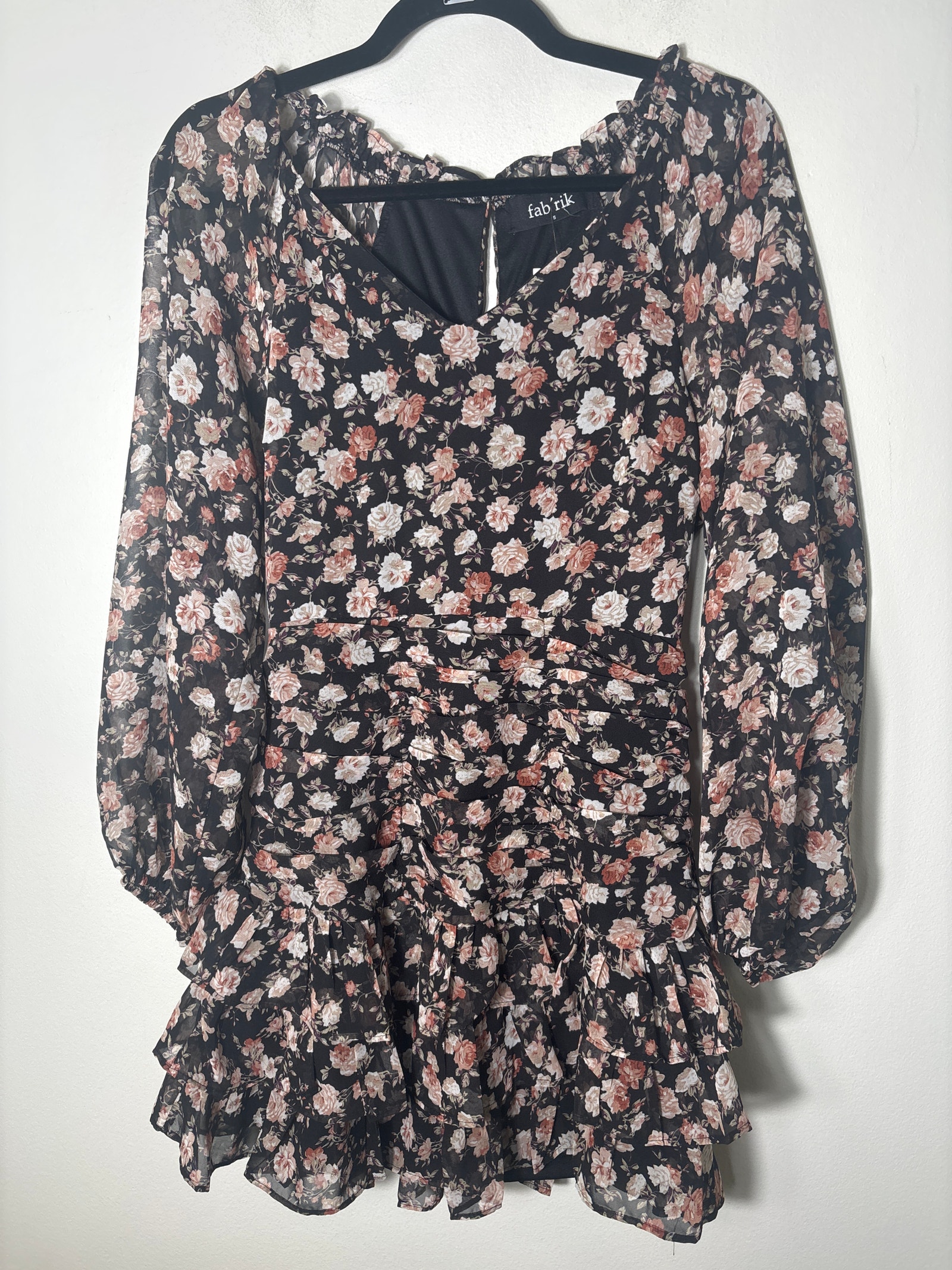 Nwt Fab'rik Black Pink Eshe Floral Long Sleeve Ruched Dress Sz S